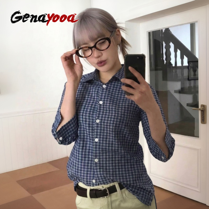 Street Fashion In Korea - Genayooa Y2k Ekose Gömlek Kadın Üç