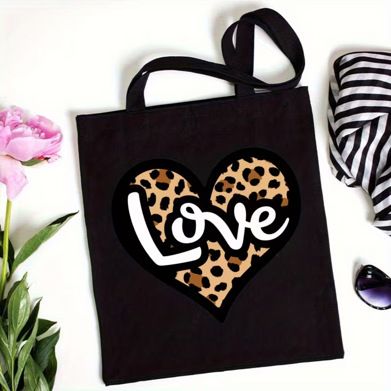 Tote Bag Canvas Print - Leopar Baskı Kalp Aşk Mektubu Kanvas