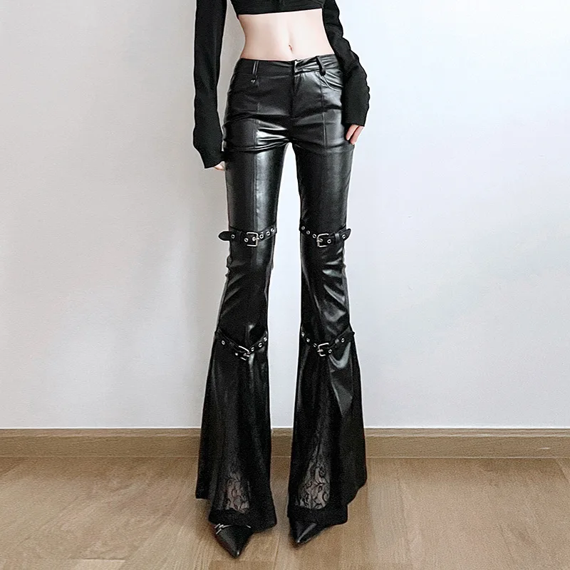 Street Fashion Female - Kadın PU Deri İspanyol Paça Pantolon,